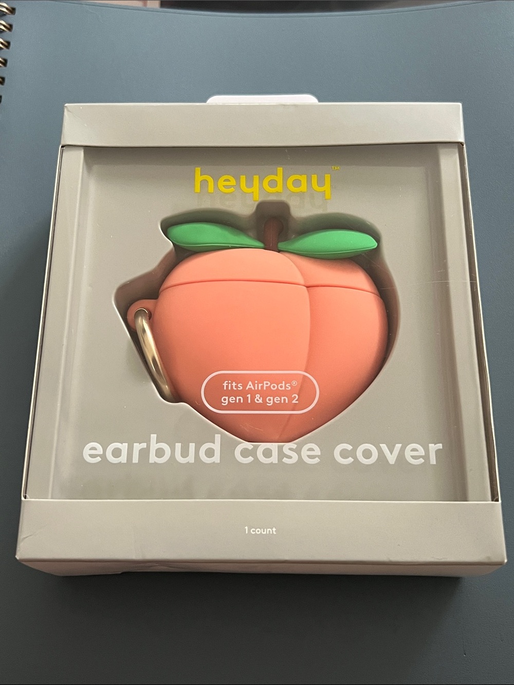 heyday Peach-Shaped Earbud Case Cover in Coral Peach with Green Leaves